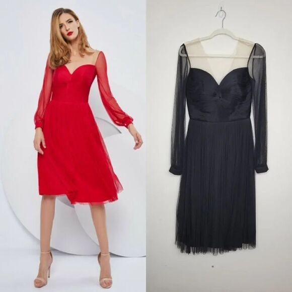 Cristallini Long Sleeve Silk Tulle Dress, Black L - Picture 1 of 12